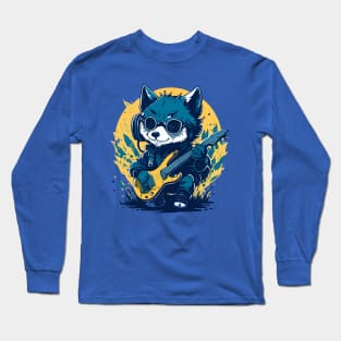 Quirky baby wolf playing electric guitar Long Sleeve T-Shirt